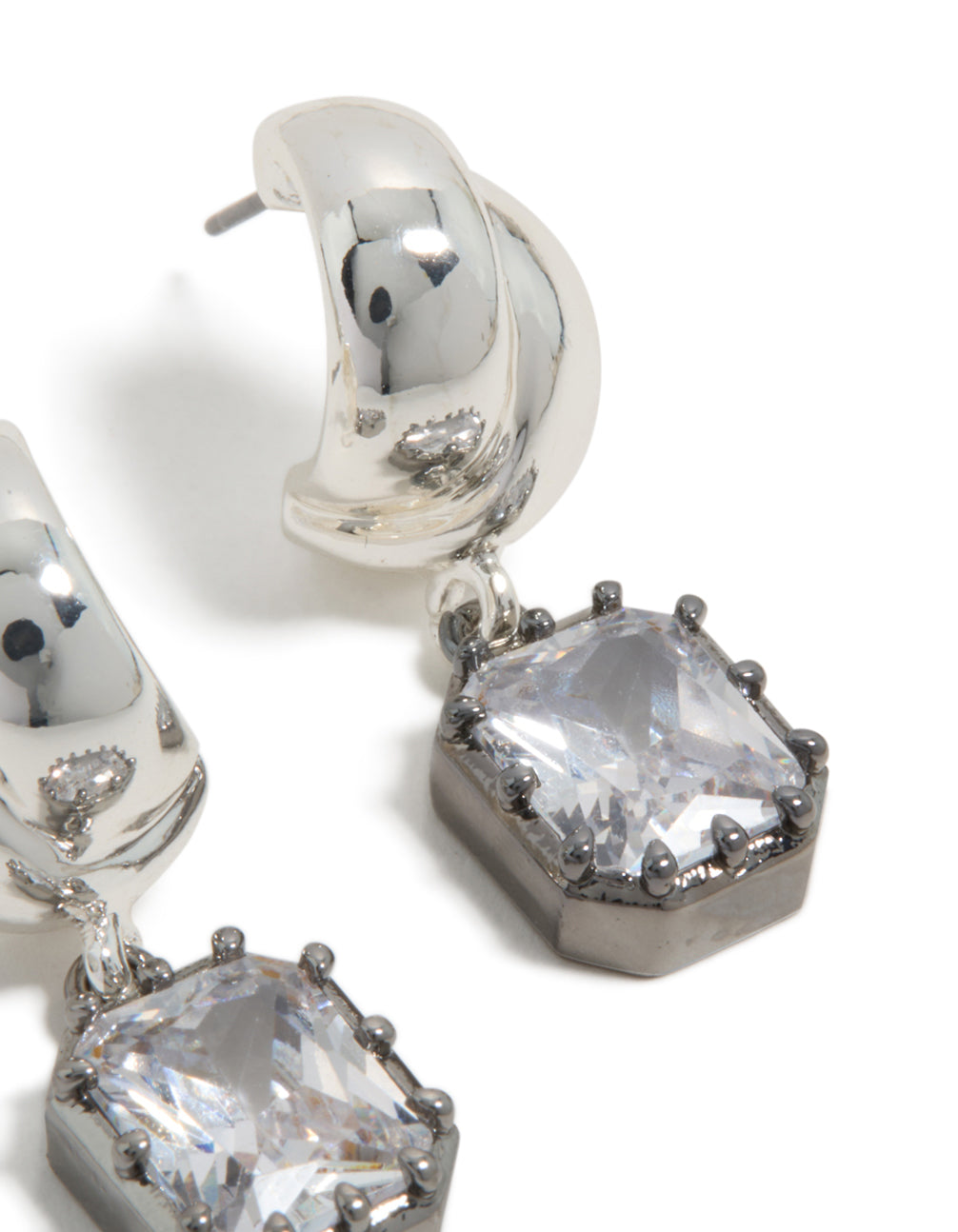 Designed with silver and gunmetal plated cubic zirconia square drop earrings featuring statement style post detail view
