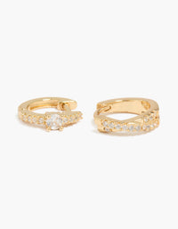 Gold Plated Cubic Zirconia & Criss Cross Huggie Earrings 2-Pack - link has visual effect only