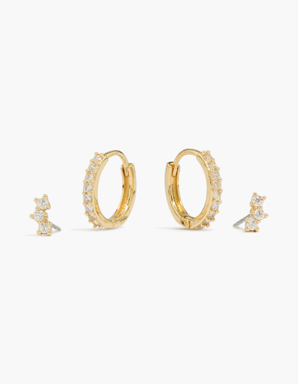 Discover mini cubic zirconia stud and huggie earrings in a 2-pack crafted from gold plated material front view