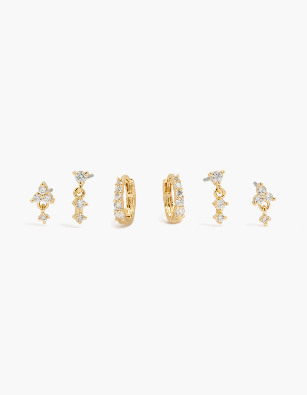 Showcasing gold plated cubic zirconia mini huggie and drop earrings 3-pack in huggie closure front view