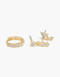 Gold Plated Cubic Zirconia Mini Huggie & Drop Earrings 3-Pack - link has visual effect only