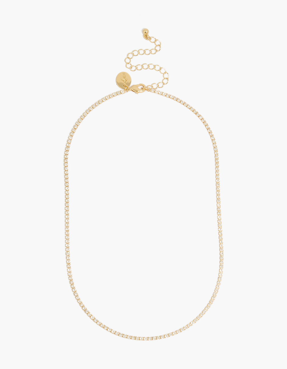 Detailed view of gold plated tiny cubic zirconias tennis necklace with clasp detail view