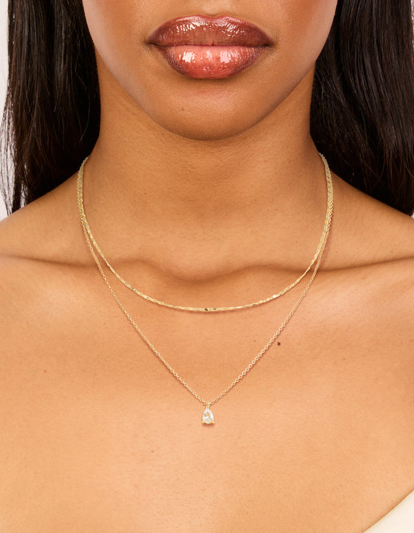 Gold Plated Pear Cubic Zirconia & Chain Necklace 2-Pack
