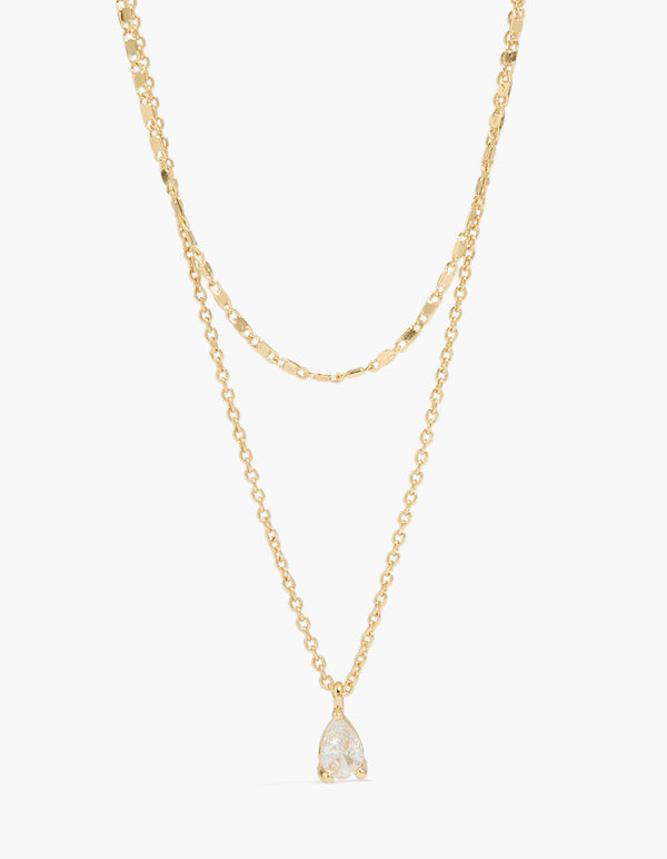 Gold Plated Pear Cubic Zirconia & Chain Necklace 2-Pack