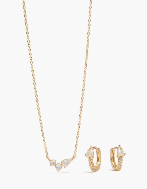 Gold Plated Cubic Zirconia Huggie Earrings & Necklace Set