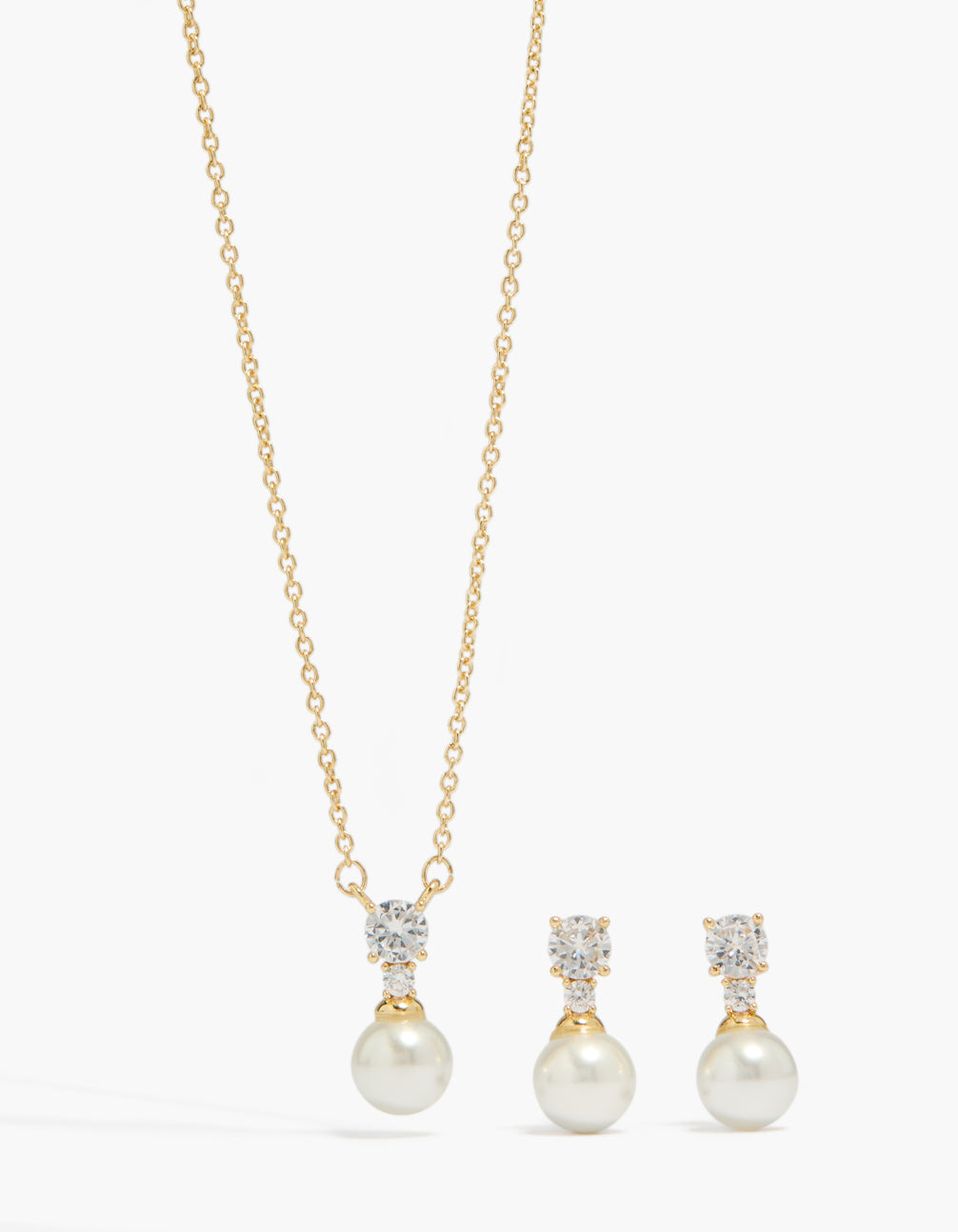 14K Gold Plated Cubic Zirconia Pearl Necklace & Earrings Set