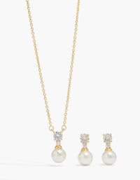 Gold Plated Cubic Zirconia Pearl Necklace & Earrings Set - link has visual effect only
