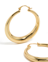 Featuring gold plated thick thin hoop earrings with closure close up view - link has visual effect only