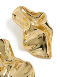 Showcasing gold plated wavy organic drop stud earrings with sculptural texture close up view - link has visual effect only
