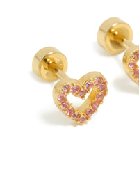 Charming heart-shaped stud earrings for kids featuring surgical steel with pavé pink cubic zirconia and flat back closure in gold plated finish close up view - link has visual effect only