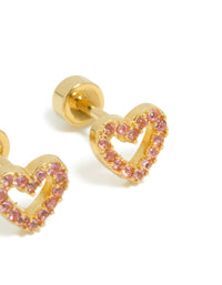 Charming heart-shaped stud earrings for kids featuring surgical steel with pavé pink cubic zirconia and flat back closure in gold plated finish close up view - link has visual effect only