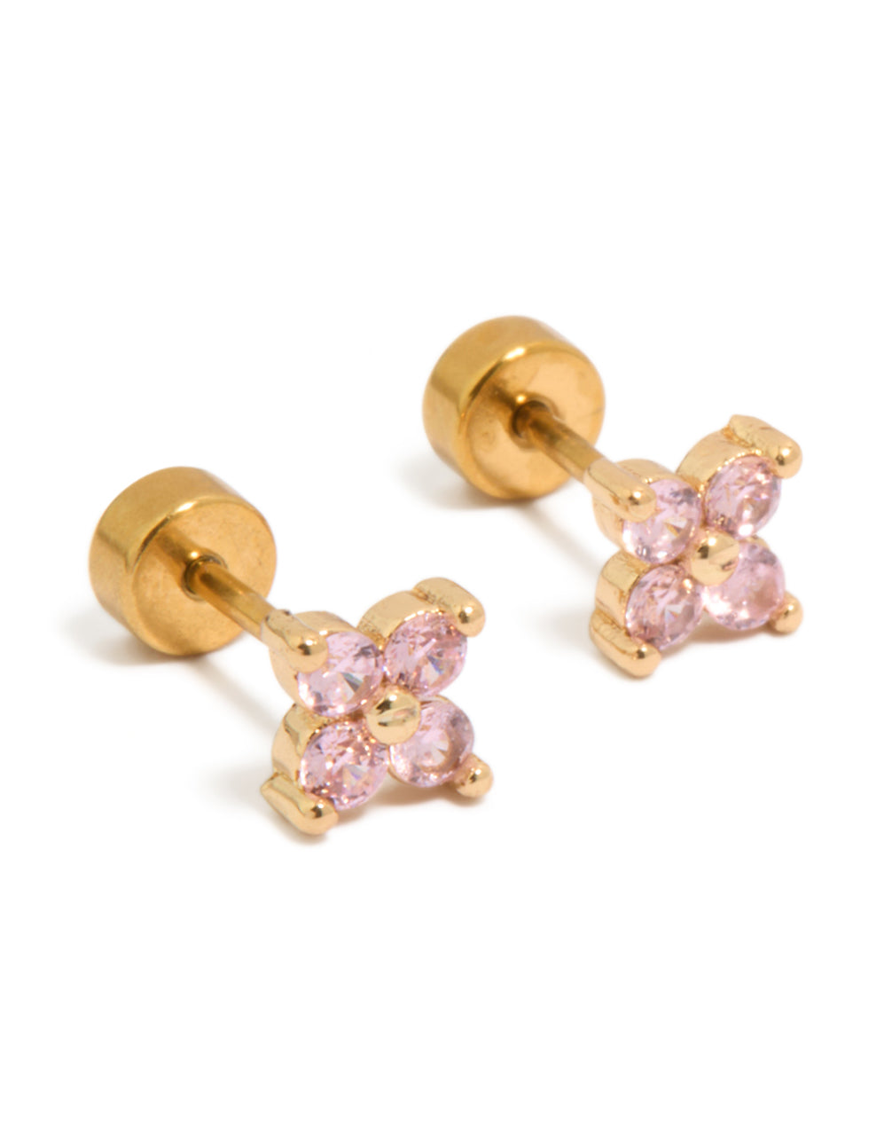 Beautifully crafted floral stud earrings with pink cubic zirconia stones in a gold plated surgical steel setting, featuring flat back closures front view