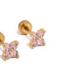 Charming floral stud earrings showcasing pink cubic zirconia stones in gold plated surgical steel with secure flat back closure post detail view - link has visual effect only