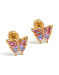 Beautifully crafted gold plated surgical steel flower flat back studs featuring butterfly and glitter accents front view - link has visual effect only