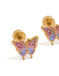 Showcasing gold plated surgical steel flower flat back studs with butterfly and glitter details close up view - link has visual effect only