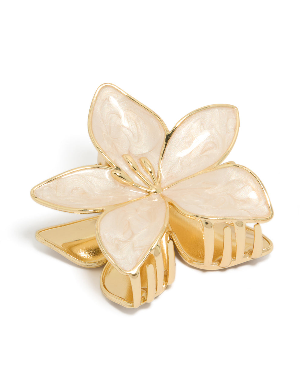 Featuring a floral enamel tropical stem hair claw clip in gold and cream front view