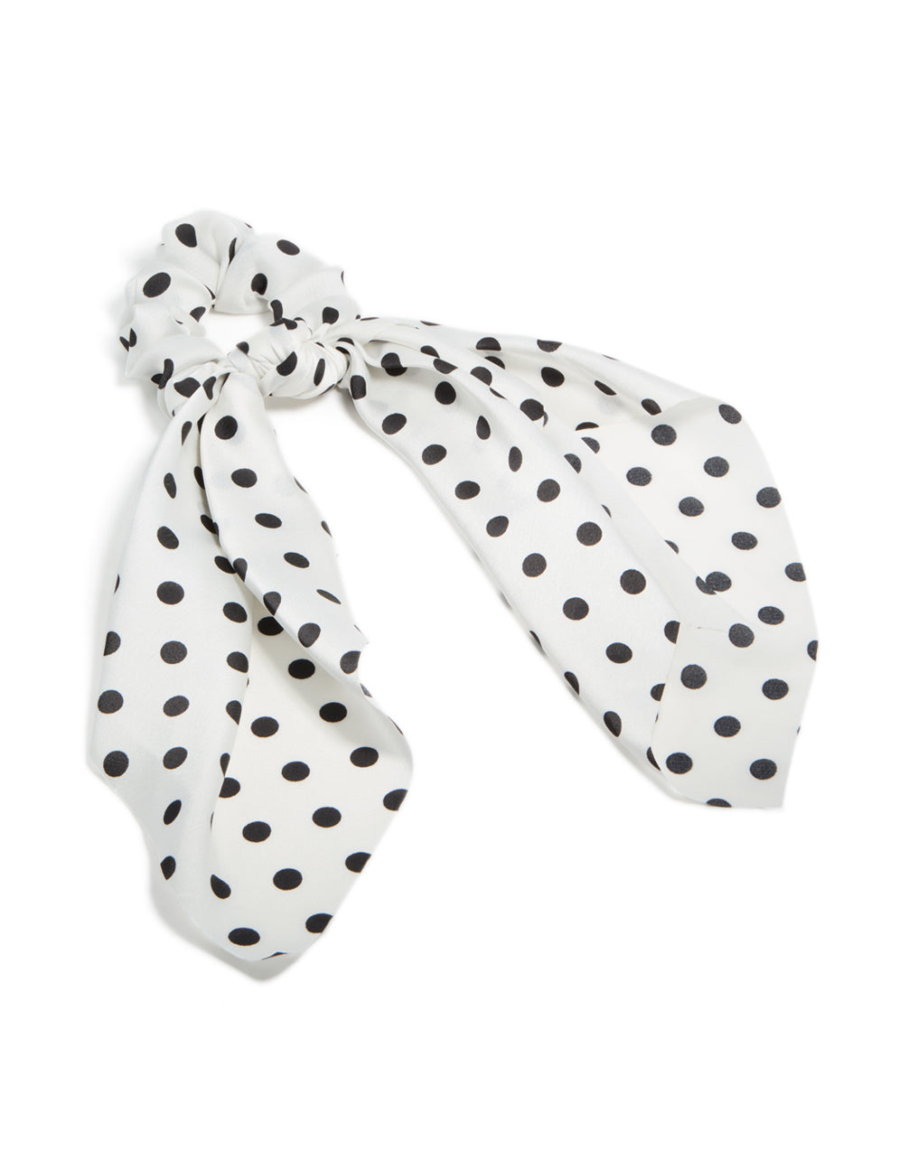 Crafted from polyester featuring polka dot print in white and black scarf scrunchie front view