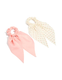 Printed flowers and pink fabric scarf scrunchies featuring bow detail in floral pattern and 2-pack in light pink, ivory, pink, and olive front view - link has visual effect only
