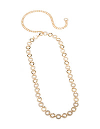 Discover a gold mini diamante and molten circle belt featuring embellished waisted statement styling front view - link has visual effect only