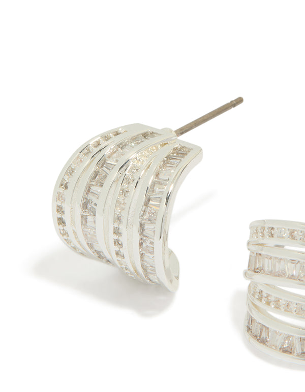 Silver Plated Cubic Zirconia 4 Layered Huggie Earrings