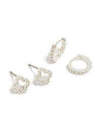 Silver Plated Cubic Zirconia Flower Stud & Huggie Earrings 2-Pack - link has visual effect only