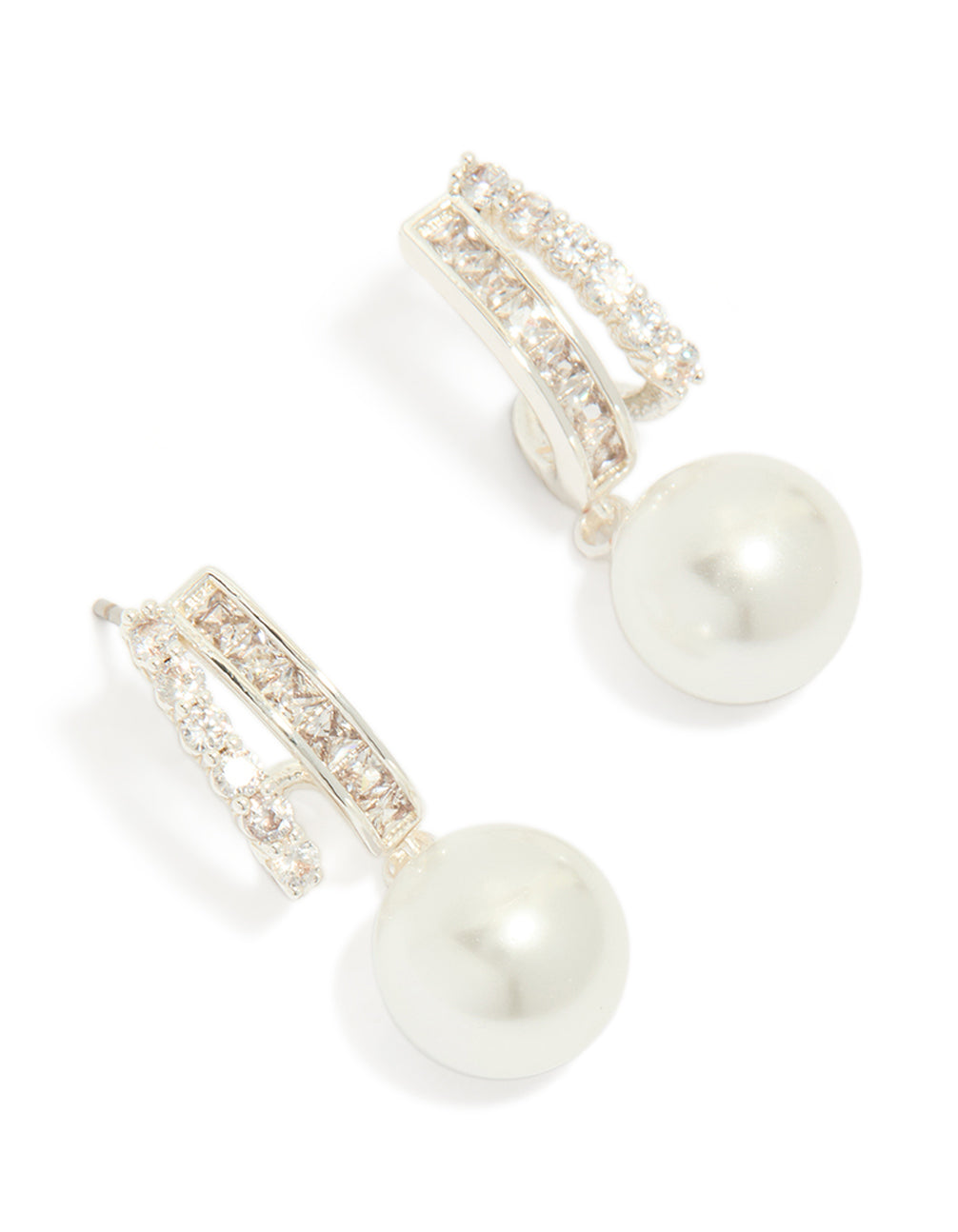 Discover silver plated cubic zirconia illusion pearl drop earrings with hoop closure front view