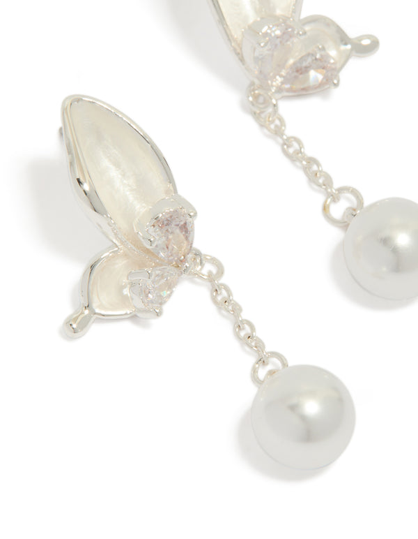 Silver Plated Enamel Butterfly Pearl Drop Earrings