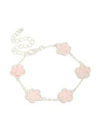 Silver Plated Pink Flower Charms Station Bracelet - link has visual effect only