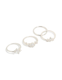 Showcasing silver plated cubic zirconia marquise leaf rings in a 4-pack with clear crystal stone accents front view - link has visual effect only