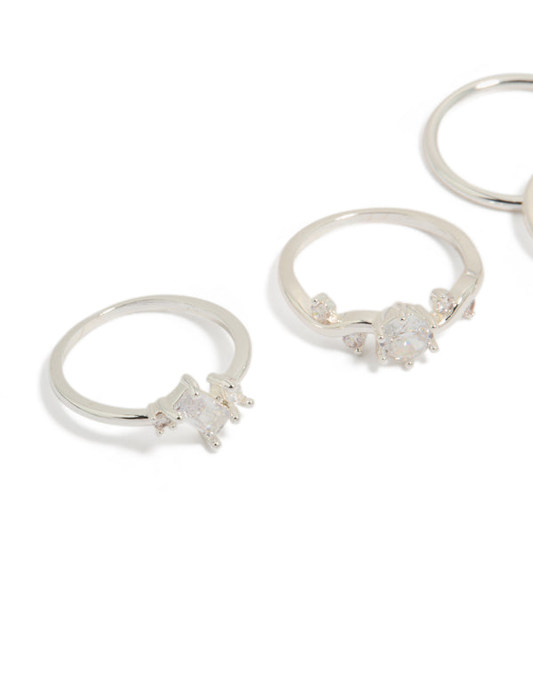 Crafted from silver plated material, this cubic zirconia marquise leaf ring 4-pack features with clear crystal stone details close up view