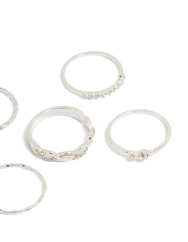 Silver Plated Diamante & Twisted Rings 6-Pack
