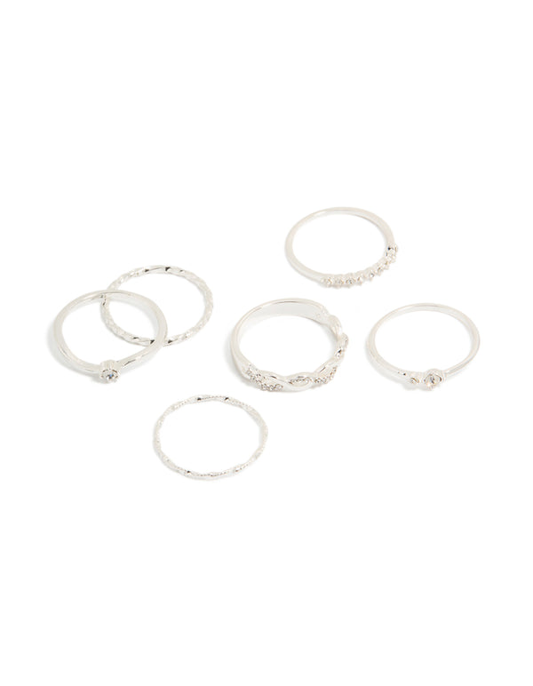 Silver Plated Diamante & Twisted Rings 6-Pack