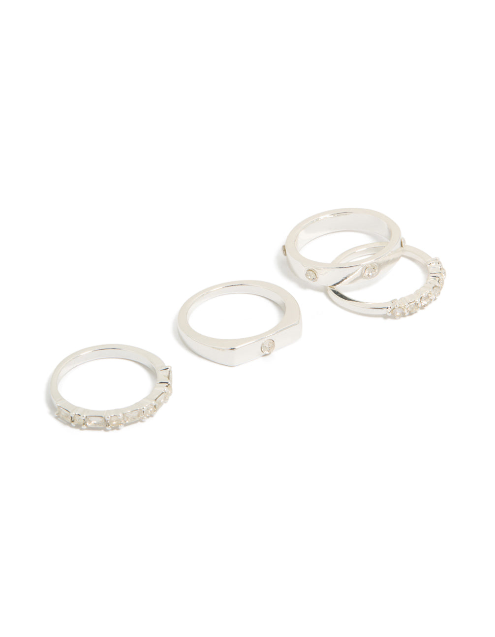 Showcasing silver plated diamante inlay and band rings 4-pack in stackable style front view