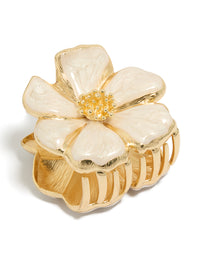 Stunning enamel blossom flower hair claw clip in gold and beige tones side view - link has visual effect only