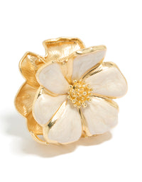 Showcase enamel blossom flower hair claw clip in gold and beige with front view - link has visual effect only