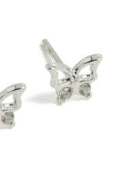Highlighting dainty butterfly stud earrings crafted from waterproof stainless steel in silver post detail view - link has visual effect only