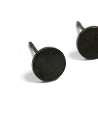 Showcasing 6 MM disc stud earrings in waterproof black coated stainless steel close up view - link has visual effect only