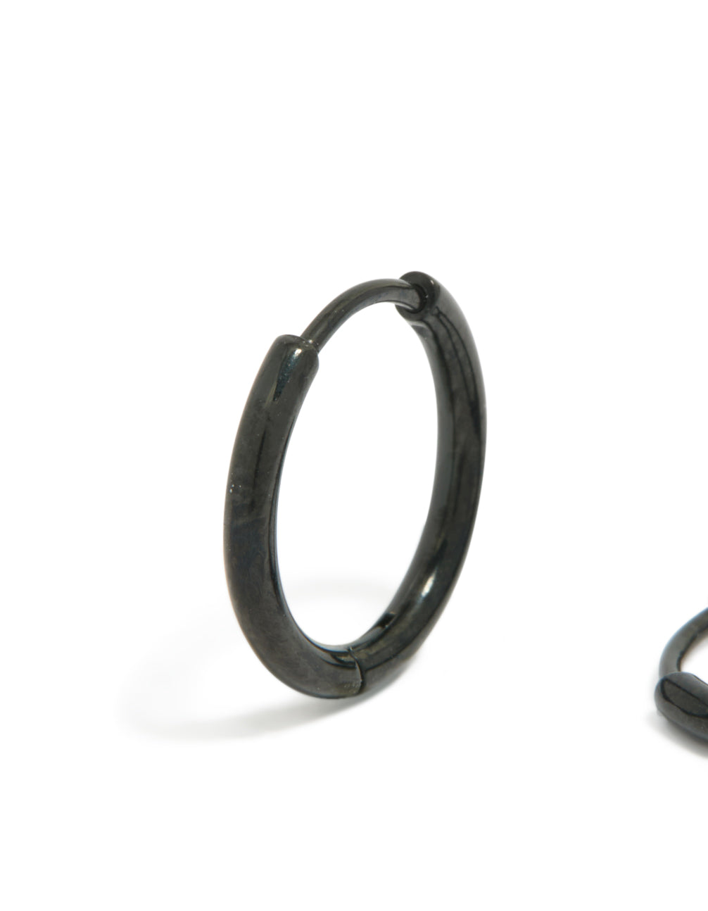 Designed with chunky waterproof black coated metal stainless steel clicker earrings featuring hoop closure in 14 MM close up view