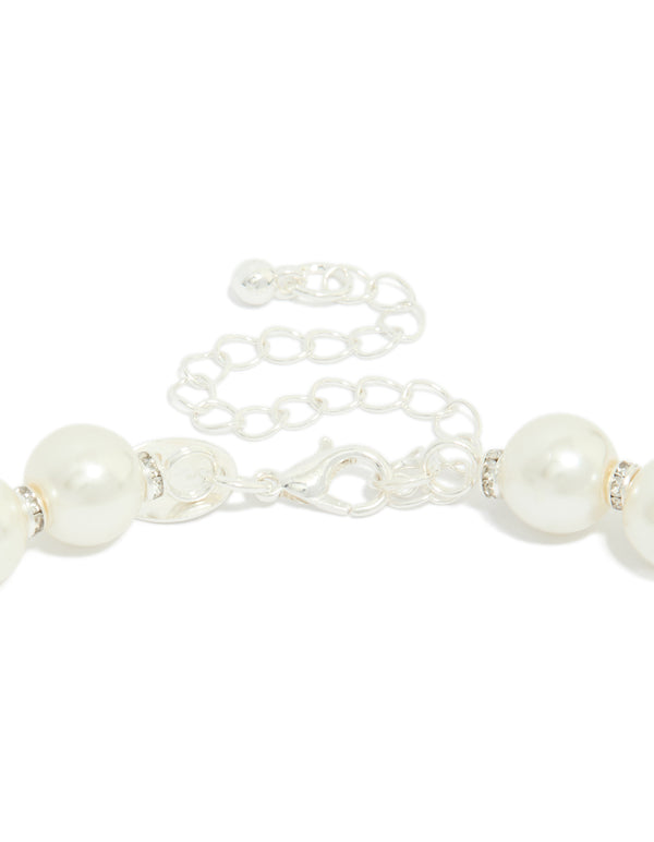 Stunning pearl and diamante rondell necklace with silver plated clasp detail view