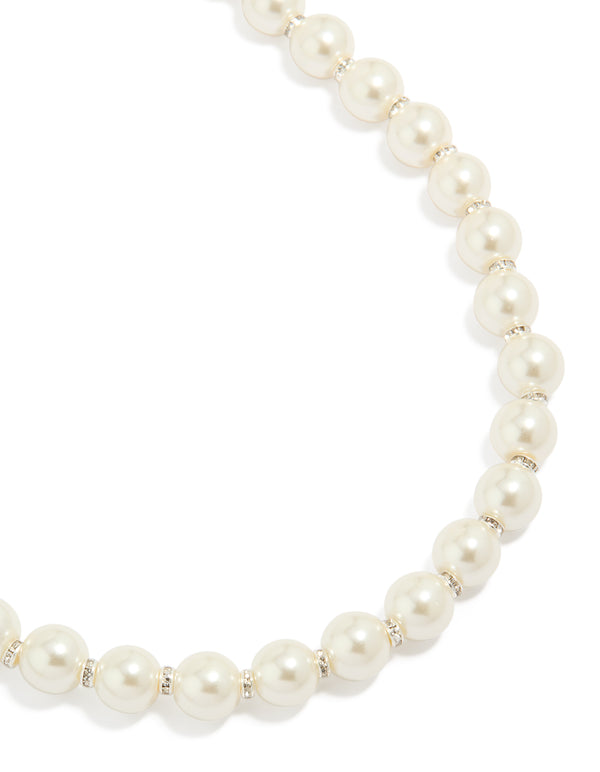 Elegant pearl and diamante rondell necklace crafted from silver plated material close up view