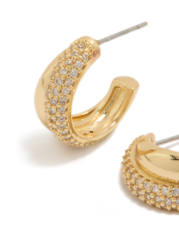 Gold Plated Cubic Zirconia Pavé & Plain Layered Hoop Earrings with crystal detailing and hoop closure in gold close up view