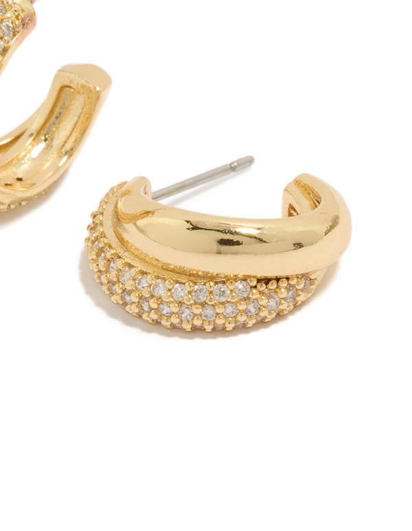 Gold Plated Cubic Zirconia Pavé & Plain Layered Hoop Earrings showcasing crystal embellishments and hoop closure in gold post detail view