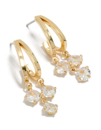 Stunning gold plated cubic zirconia double drop hoop earrings featuring clear stones and hoop closure front view - link has visual effect only