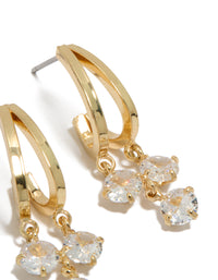 Beautiful gold plated cubic zirconia double drop hoop earrings with clear stones and closure detail view - link has visual effect only