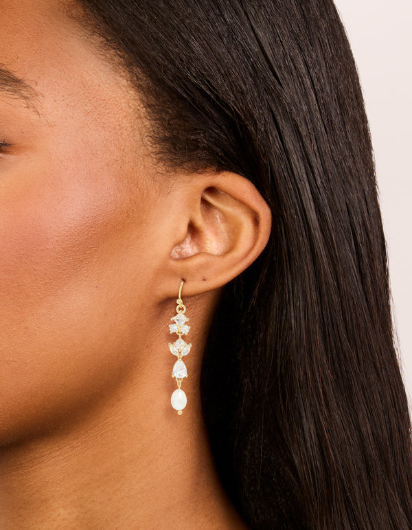 Gold Plated Cubic Zirconia & Freshwater Pearl Vine Hook Drop Earrings
