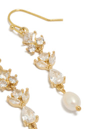 Elegant gold plated cubic zirconia and freshwater pearl vine hook drop earrings with charm elements post detail view - link has visual effect only