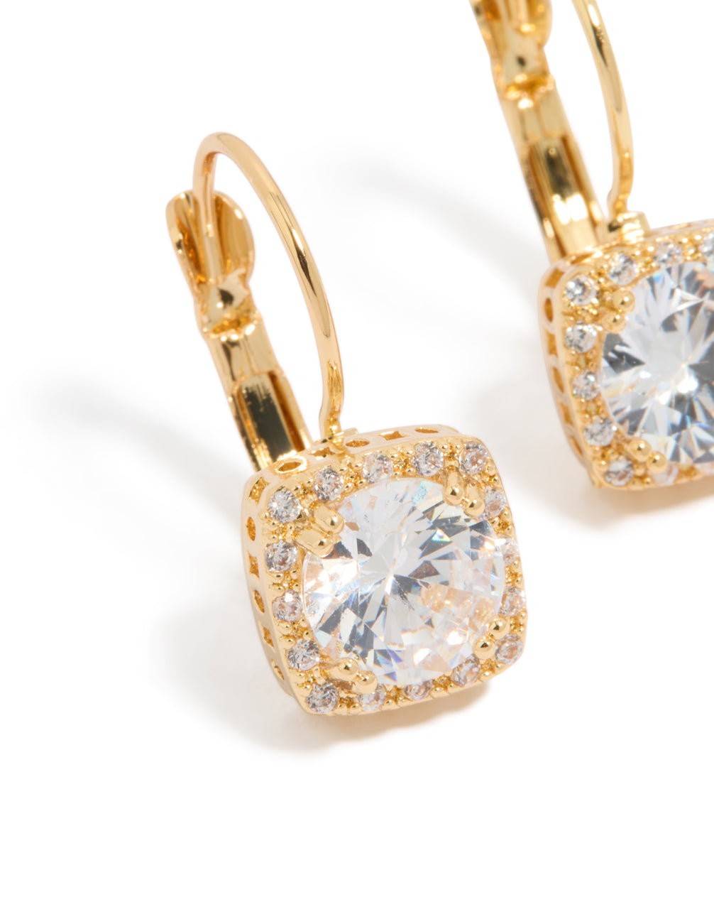 Designed with gold plated cubic zirconia large square hook drop earrings in clear close up view