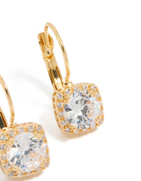 Elegant large square hook drop earrings crafted from gold plated metal featuring cubic zirconia stones post detail view - link has visual effect only