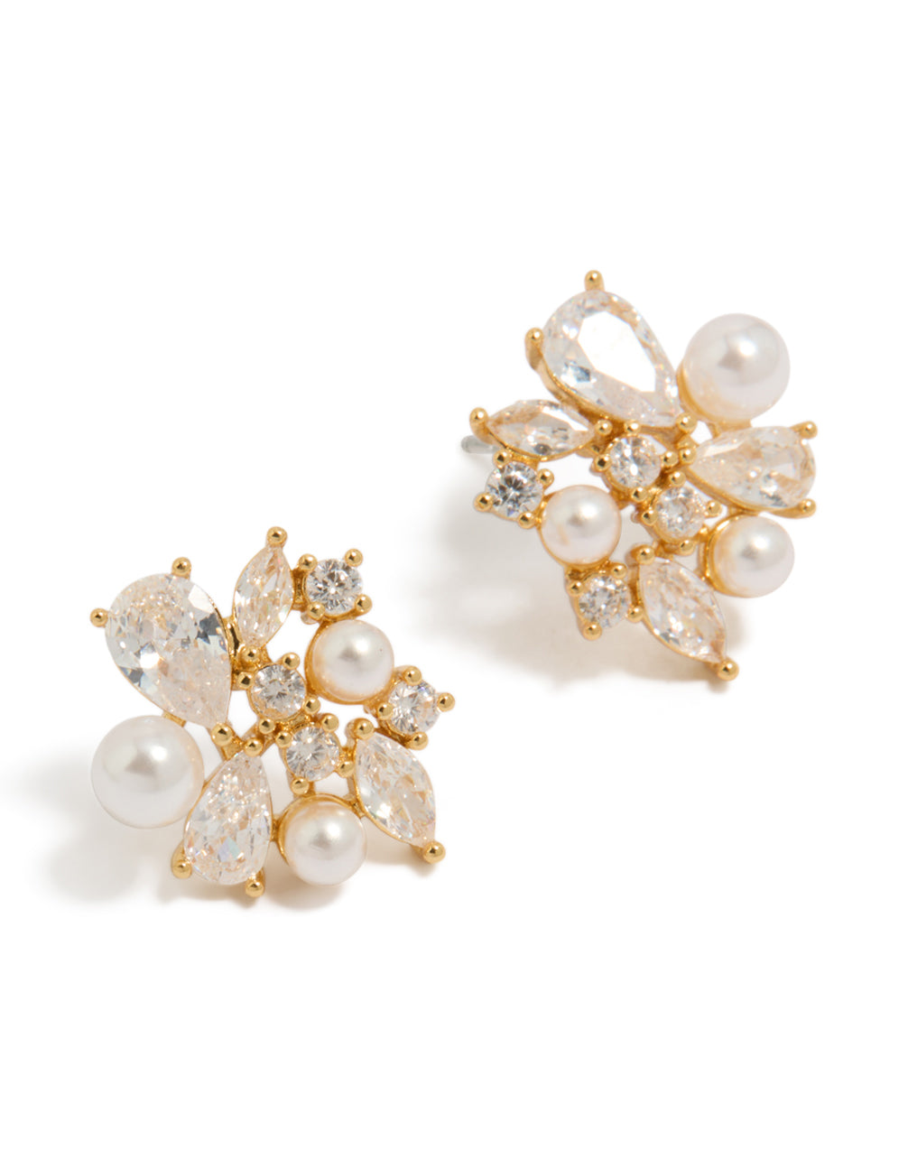 Showcasing cluster stud earrings featuring pearl and cubic zirconia in gold plated finish front view
