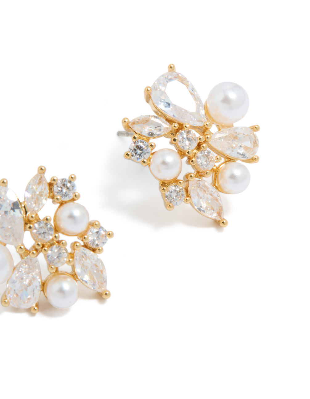 Designed with cubic zirconia and pearl accents, gold plated cluster stud earrings post detail view